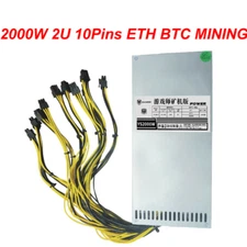 ETH BTC Mining Power Supply 2U Single Channel Miner PSU w/ 10xPCI 6 Pin 2000W US