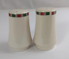 Home Essentials Cream With Red & Green Tartan Ribbon 3.25" Salt & Pepper Shakers