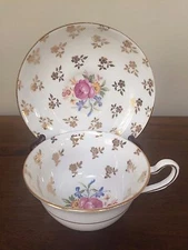 Clare Bone China FLORAL & GOLD GILT FLOWERS Footed Cup & Saucer Set