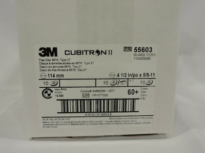 3M Cubitron II Flap Disc 967A, 60+, T27 Quick Change, 4-1/2''x5/8''-11, 10/PACK