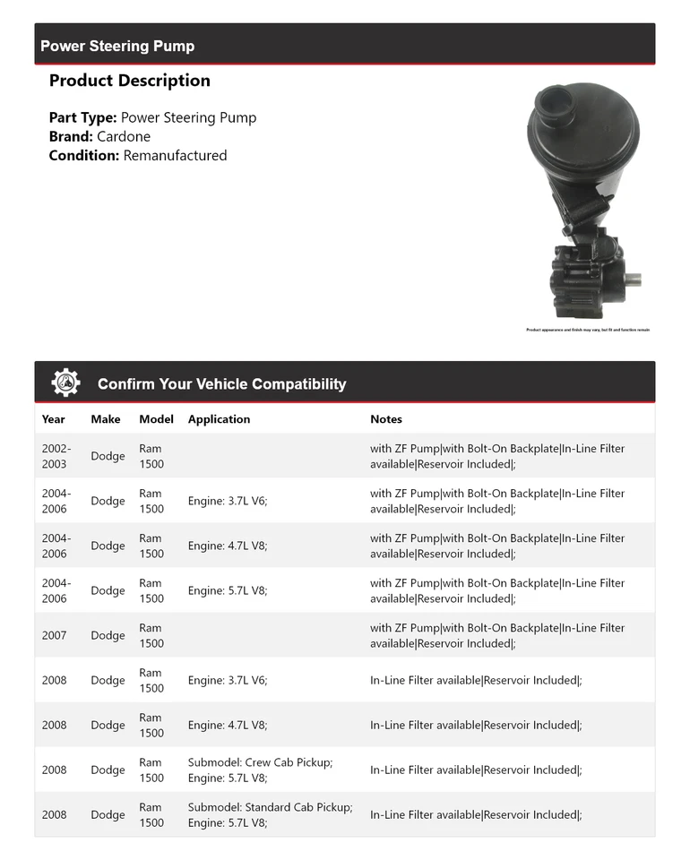Bomba de dirección asistida Cardone 2003 2004 2005 2006 para Dodge Ram 1500 2002-2008 Foto 2 de 4