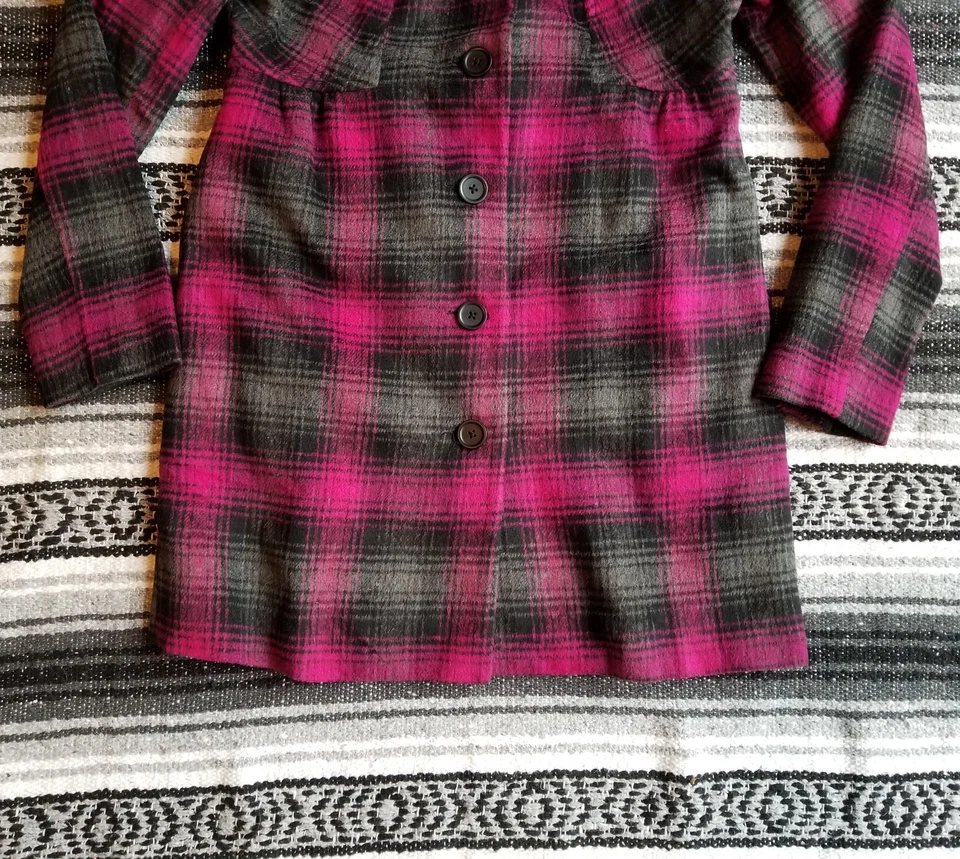 Flying Tomato Sz M Soft Wool Blend Trench Coat Jacket Pink Black Plaid Faux Fur - Image 3 of 4