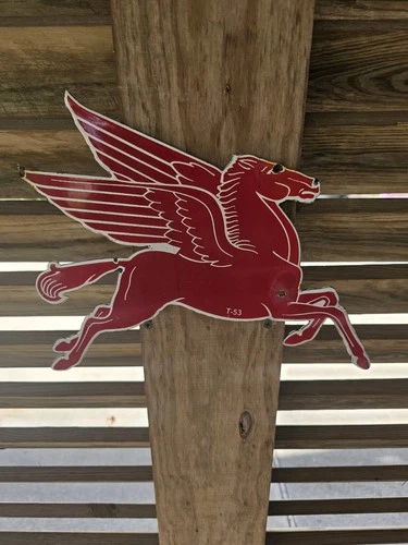 RARE VINTAGE MOBIL PEGASUS HORSE T-53 PORCELAIN SIGN 12"x9.5"