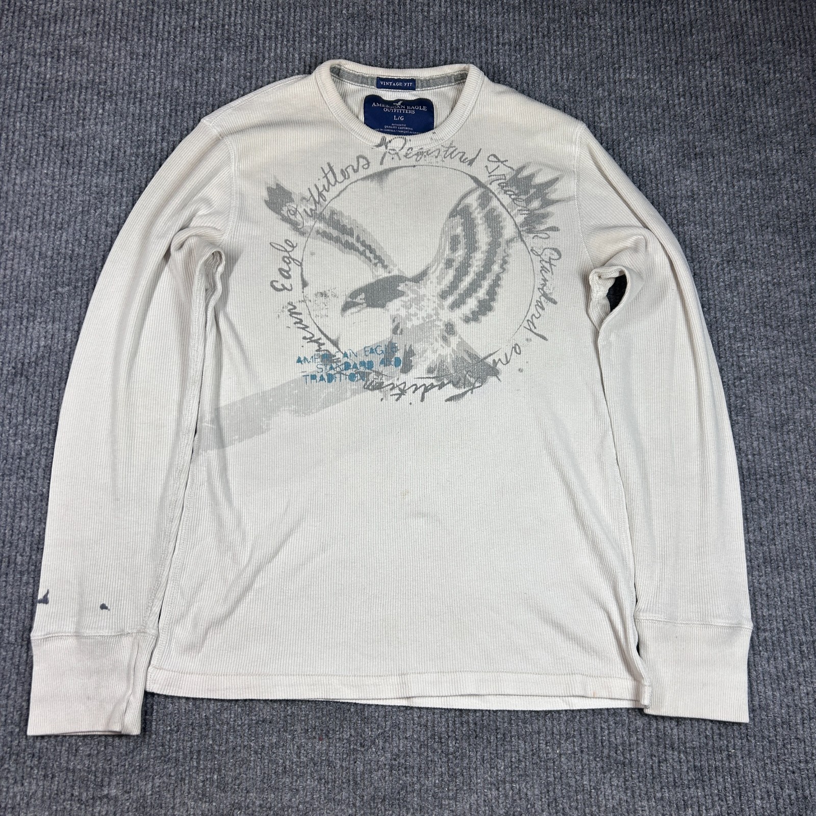 American Eagle Outfitters Thermal Shirt Mens L Beige Vintage Fit Graphic Print
