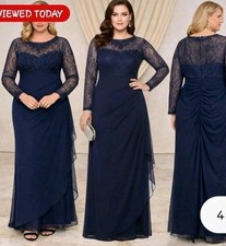 XSCAPE Navy Beaded Embroidered Lace Evening Gown Formal Maxi Dress Ruched Sz 18W