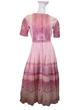 LoveShackFancy Womens Cotton Crochet Short Sleeve Buttoned MIDI Dress Pink Sz S