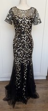 Black Tulle Gold Embroidered Sequin Leaf Pattern Short Sleeve Mermaid Dress 10