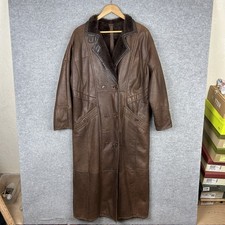 Vintage Long Leather Jacket Womens 44-46" Chest Fur Lined Trench Coat Overcoat