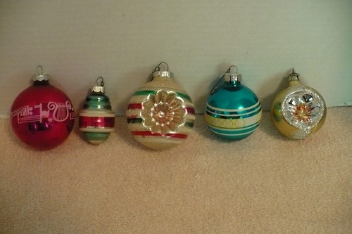 Vintage Colorful Glass Christmas Ornaments Lot Of 5 TWO With Indent