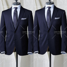 Business Men's Suit for Work Offical Formal 2Pcs Navy Blue Tuxedo Jacket Pants