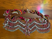 Belly Dance Hip Scarf Coin Belt Pink Stripe Beaded Fringe Adjustable Waist Wrap