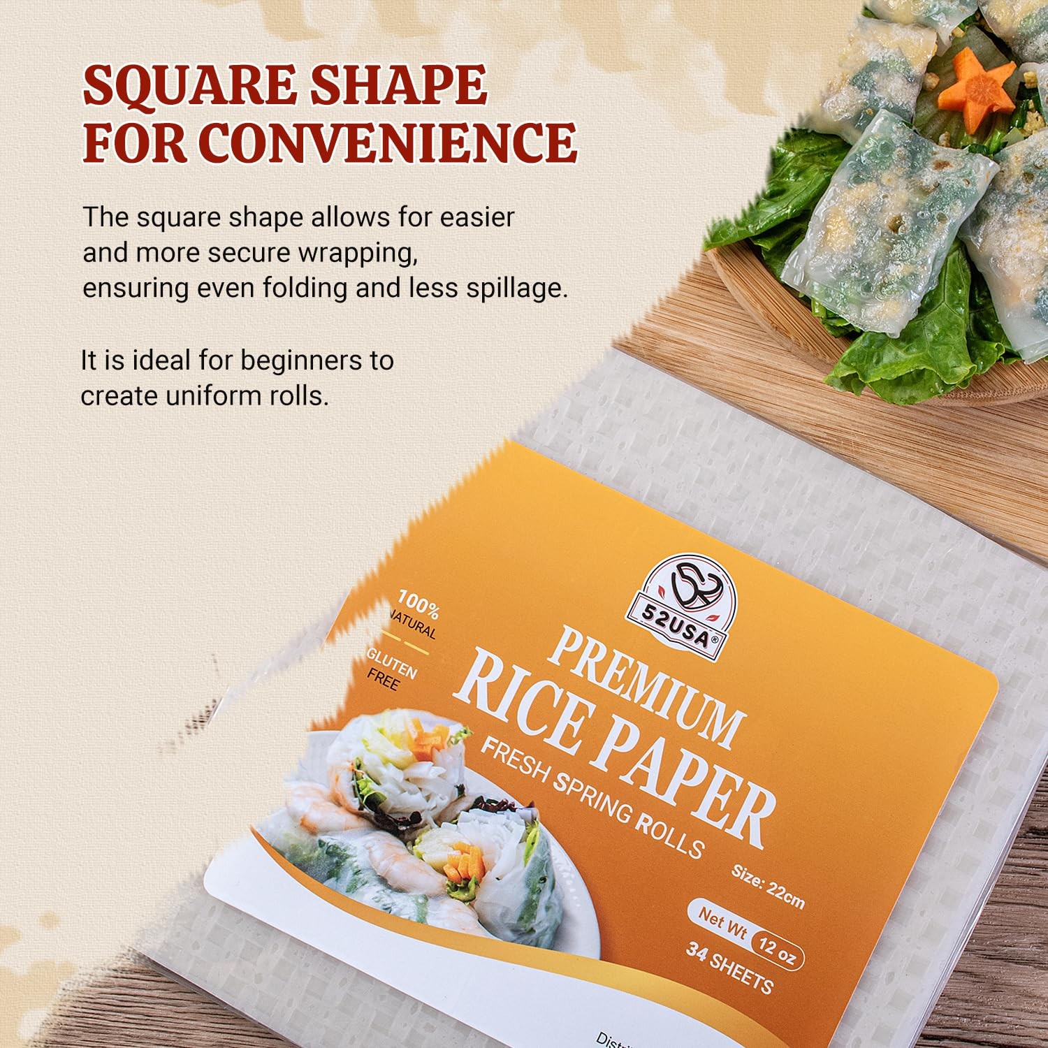 Square Rice Paper, 1 Pack, White Rice Paper Wrappers, Fresh Spring Roll Wrapp...