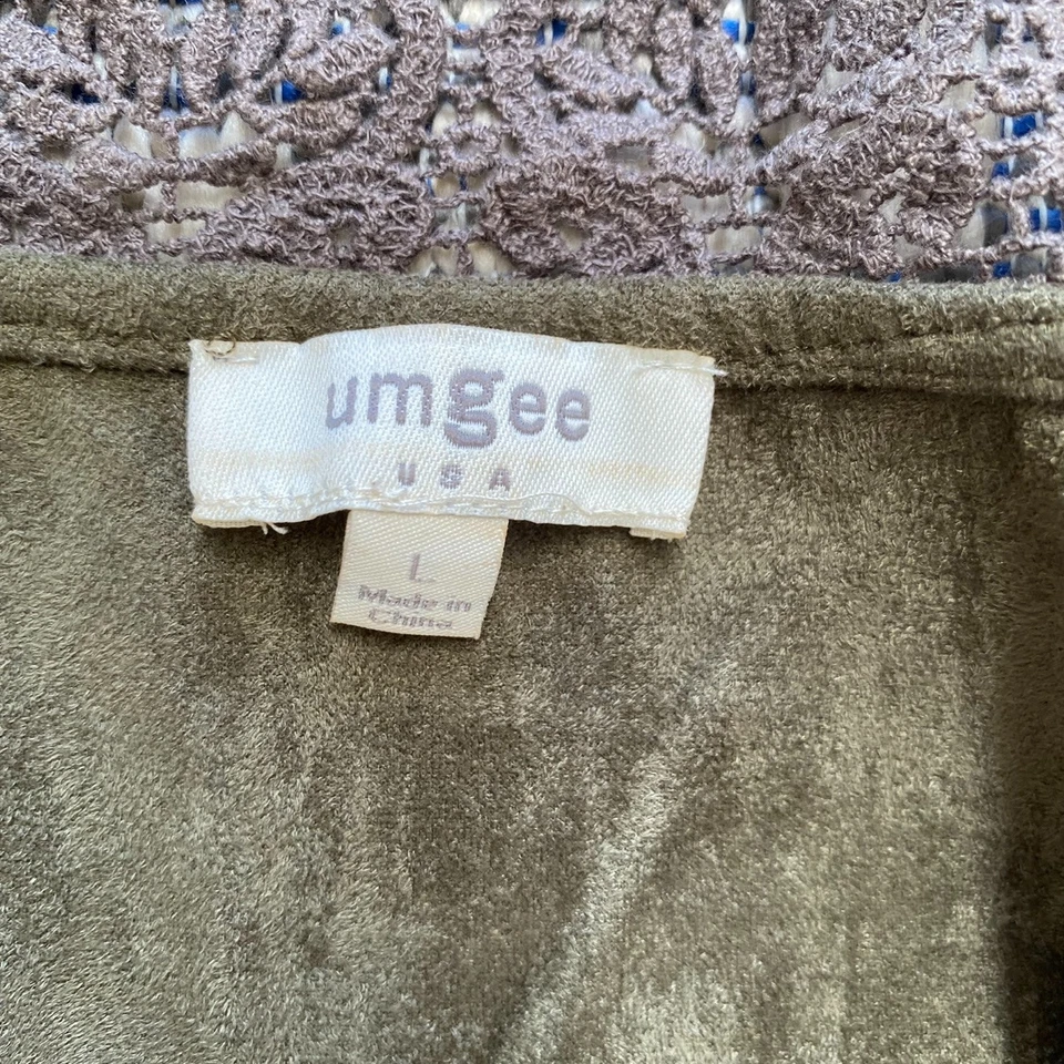 Chaleco Umgee Mujer Imitación Gamuza Crochet Encaje Ribete Talla L Verde Oliva Bolsillos Boho Foto 3 de 4