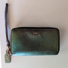 VTG Coach Iridescent Double Zip Wristlet Wallet Green Purple Crossgrain Leather