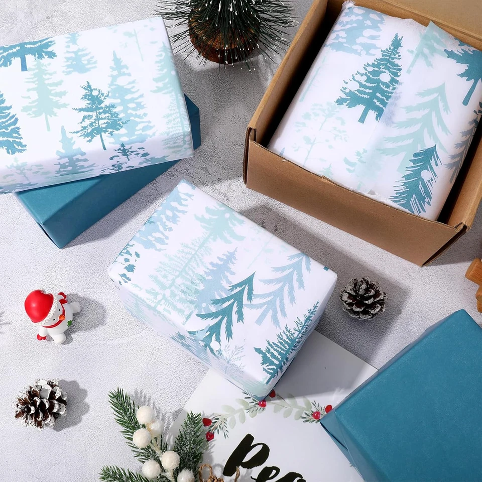 100 Sheets Christmas Tissue Paper Blue Xmas Tree Gift Wrapping Paper Decorative - Image 4 of 4
