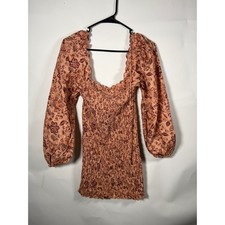Free People Smock It To Me Mini Dress Peach Burgundy Puff Sleeve Womens Size M