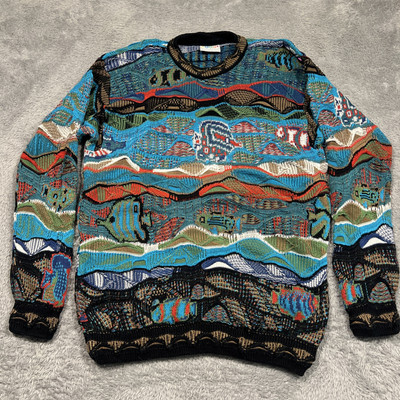 Vintage COOGI Sweater XL Tropical Fish Print Theme Knit Pullover