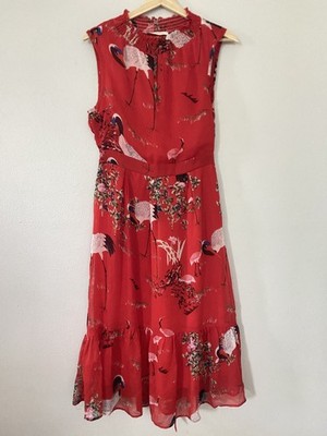 Sofie Schnoor Bird Crane Print Midi Dress Tie Waist Sleeveless Sz S Chiffon