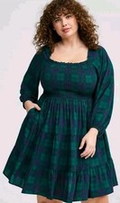 Torrid Sz 4X Smocked Bodice Mini Dress Square Neck Green Plaid Tiered Pockets 