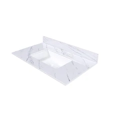 37" White Marble Vanity Top w/ Undermount Sink, 3 Holes, 4" Backsplash