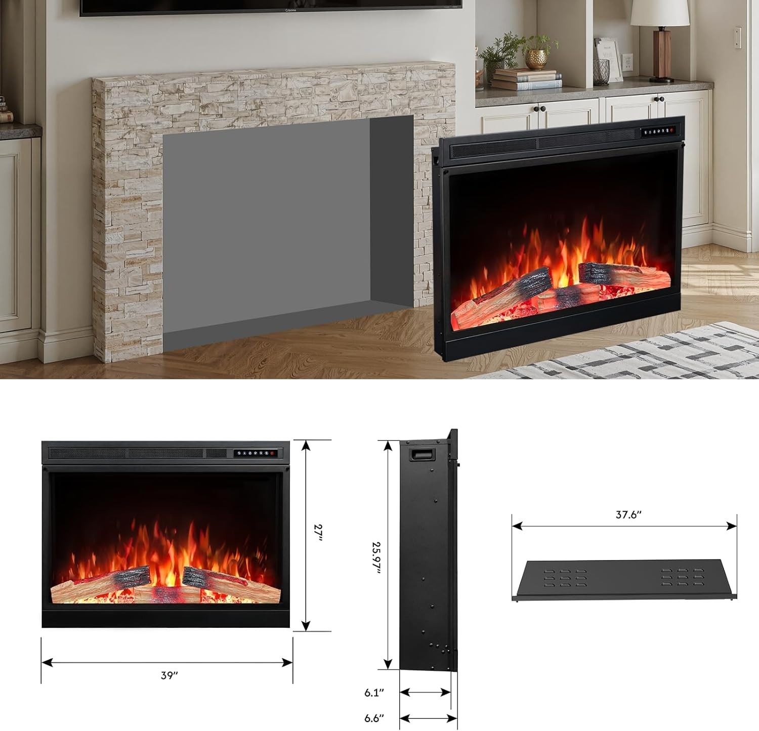 39" Electric Fireplace Insert with Realistic Flame & Logs, Recess