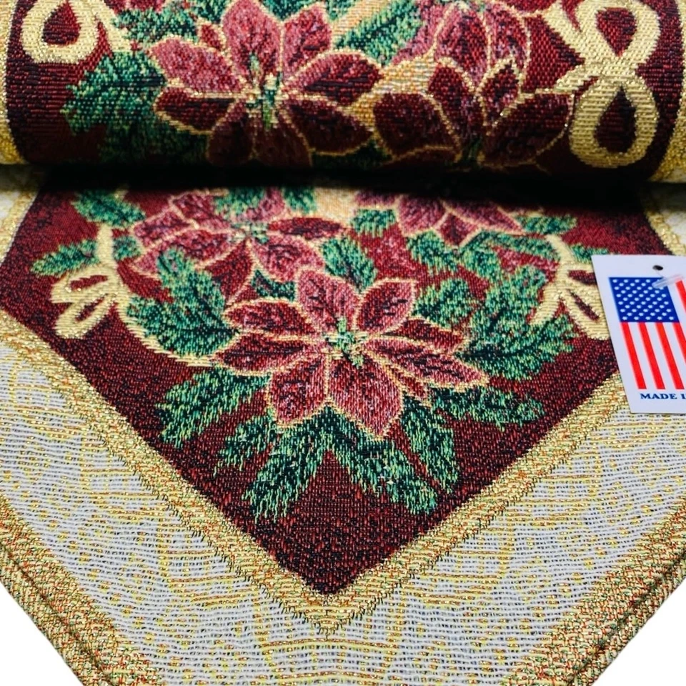 Christmas Tapestry Table Runner Maroon Green Metallic 72" NEW - Image 4 of 4