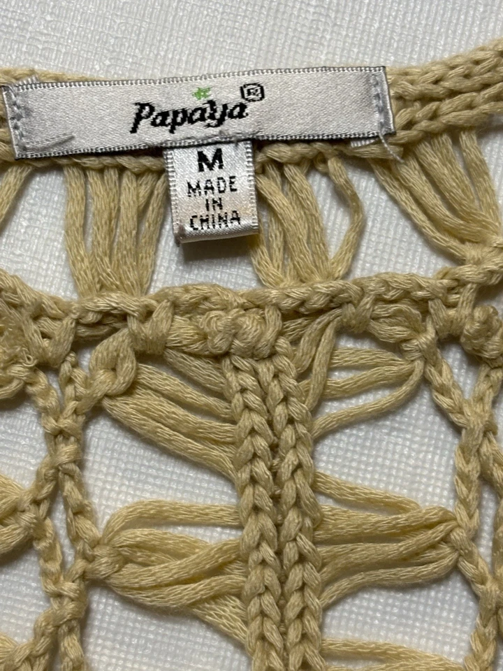 Cárdigan largo abierto Papaya Crochet azul crema encaje flecos boho hippie gitano mediano Foto 4 de 4