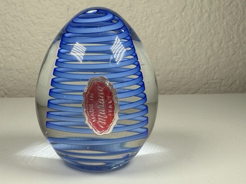 Vintage Murano Glass 3” Egg Paperweight, Blue Ribbon Swirl, Sticker - Picture 1 of 10