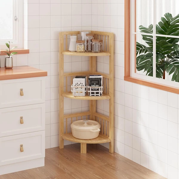 Eckregal Stehend, Badezimmerregal 3 Ablagen, 89X30X30Cm, Bambus Standregal-image