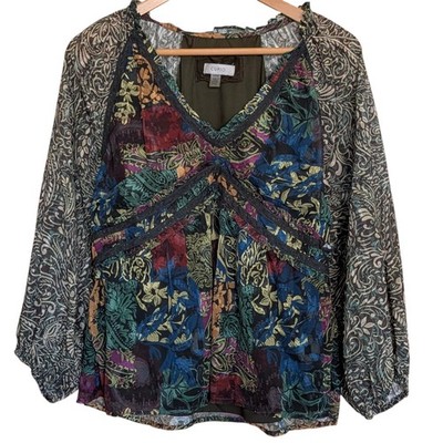 Cupio Women's Vibrant Floral Blouse Babydoll Size L Bohemian Flowy Forest