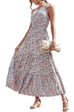 Prettygarden One Shoulder Floral Maxi Dress Blue Boho Coastal Beach Size S Tie