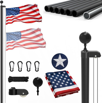 25FT Aluminum Flag Pole Kit for outside House, Black Ball Topper, 3X5 Embroidere