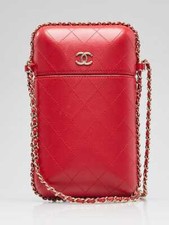 Chanel Red Quilted Lambskin Leather Phone Holder with Chain Bag