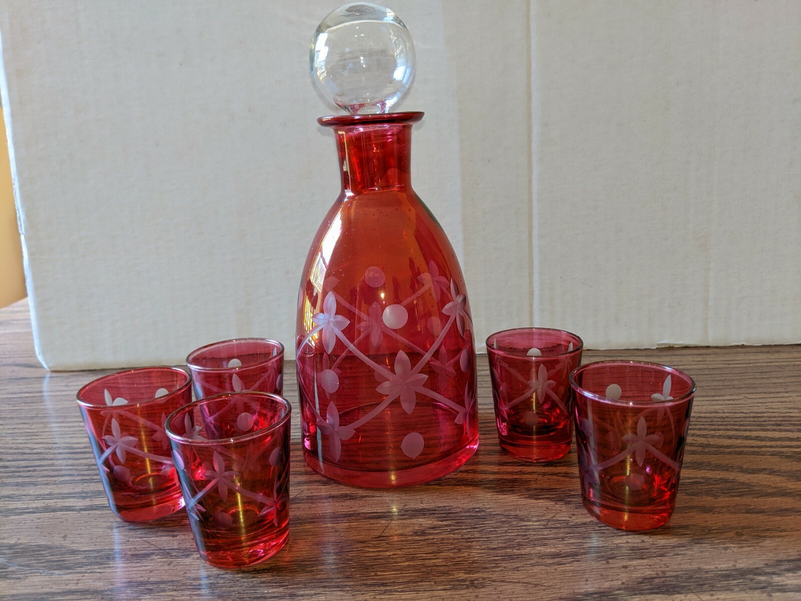 Vintage Red Etched Decanter & 5 Shot Glasses eBay