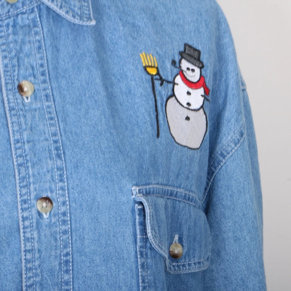Basic Editions Blue Denim Snowman Button Down Casual Shirt Women's M Long Sleeve - Image 3 of 4