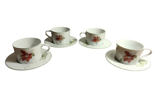 1982 Block Spal 4 Flat Tea Cups & Saucers Poinsettia Mary Lou Goertzen Portugal