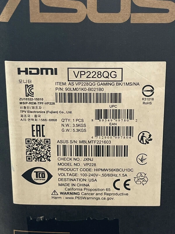 ASUS VP228 21.5" GAMING MONITOR 100-240V 50/60HZ 1.5A 901LM01K0-B021B0 - Image 2 of 3