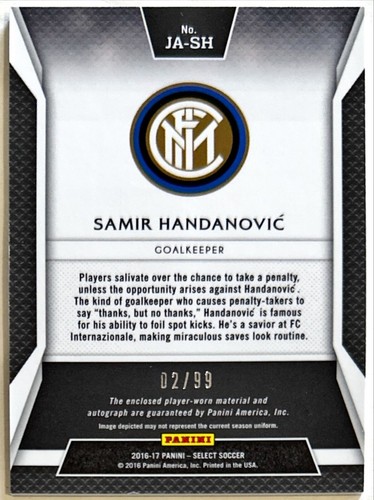 2016-17 Select Samir Handanovic Patch Auto 2/99 Inter Milan Slovenia Autograph - Picture 2 of 2