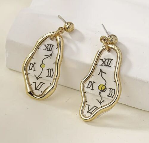 Chico’s Clock Earrings Irregular VTG Gold Dali Wavy Dangle Stud Boho Asymmetric