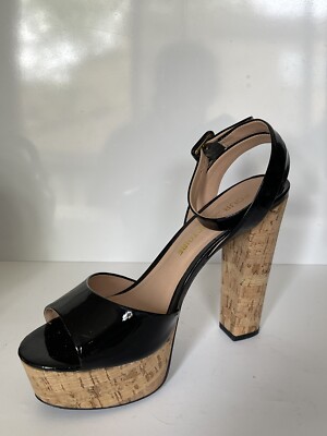 Pour La Victorie Black and Cork Platform Designer Sandals Shoes