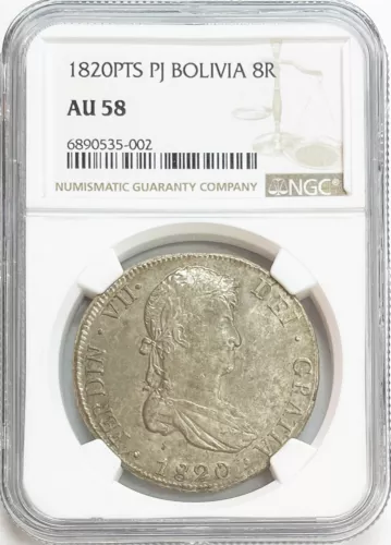 1820 PTS PJ SILVER BOLIVIA 8 REALES FERDINAND VI COIN NGC ABOUT UNC 58