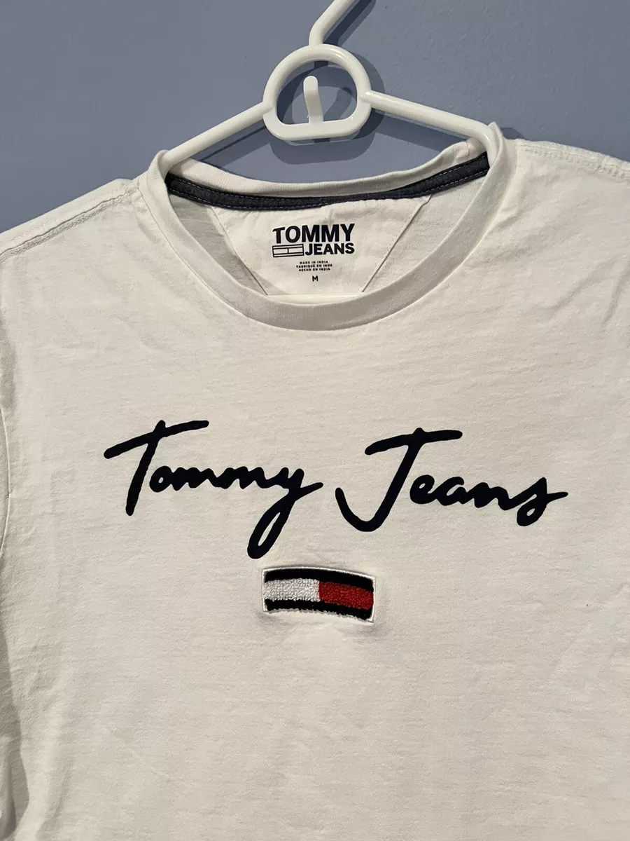 Jeans Cursive Tommy White Tshirt Textured Flag Size M Unisex |