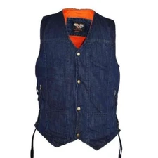 MENS MOTORCYCLE BLUE DENIM VEST w/ DUAL CONCEAL GUN POCKETS & SIDE LACES - V9J