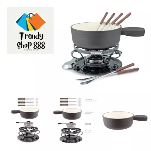 Lugano Cast Iron Cheese Fondue Set, 9-Piece, 2 QT / 2 L - Ideal for Melting C...