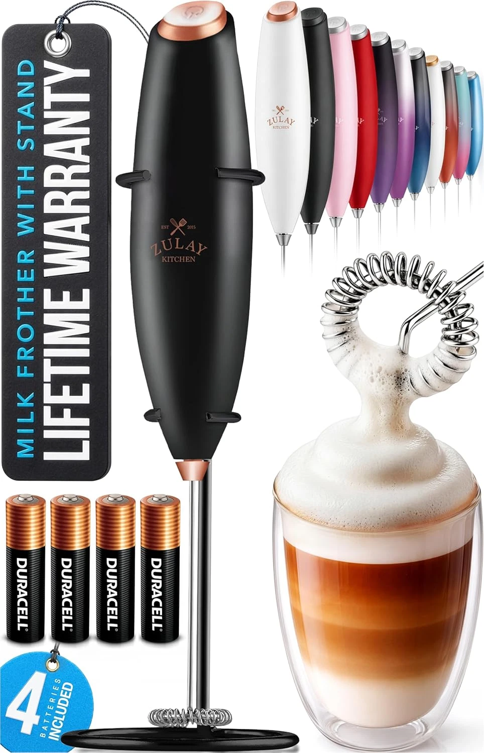 Zulay Kitchen Powerful Milk Frother Wand with 4 AA Duracell Batteries - Ultra Fa