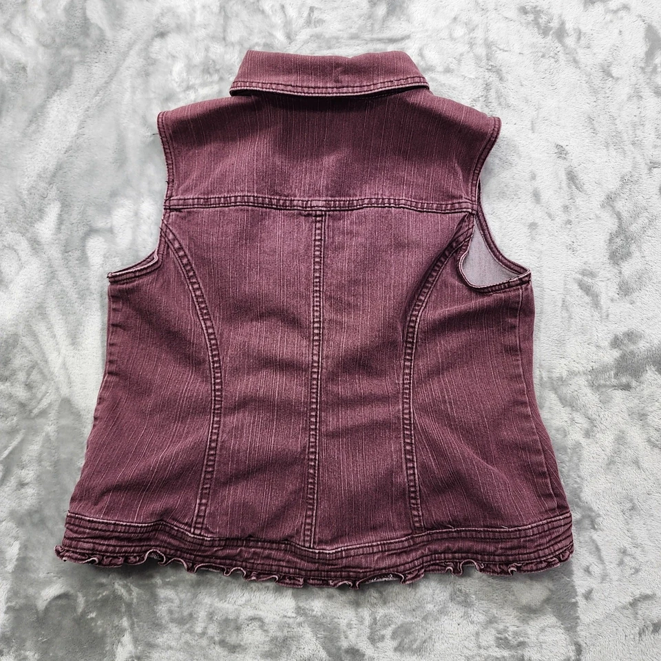 Christopher & Banks Chaleco Mujer L Púrpura Volantes Botón Frontal Sin Mangas Denim Foto 2 de 4