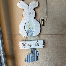 Spring Easter Wreath Bunny Hop On In Barn Door Sign Wood Metal Hanging Big 24"