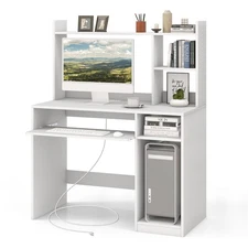 Computer Desk Study Bookcase Workstation with Charging Station Hutch & CPU Stand
