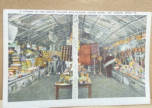 Cartolina d'epoca St. Ignace Wag-in-agon villaggio indiano sala vendita negozio inutilizzata - Foto 1 di 2