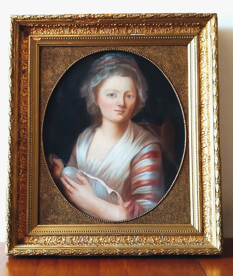 pastel ancien grand portrait de jeune fille du 18ème siècle dans son cadre doré - Photo 3/3
